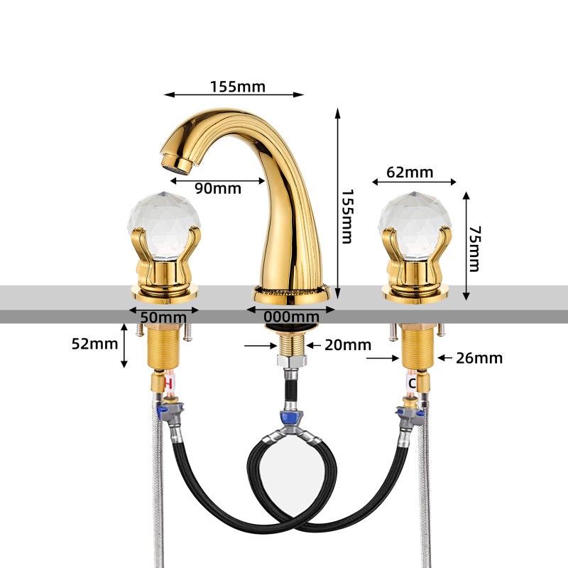sprinkle صنبور حوض الحمام 3 فتحات مثبت على السطح واسع النطاق صنبور حمام نحاسي بمقبض كريستالي خلاط ذهبي Ti-PVD (ذهبي) - Image 5
